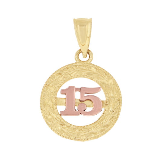 10K Gold Tri-Color Diamond-Cut Womens 15 Anos Quinceanera Charm Pendant