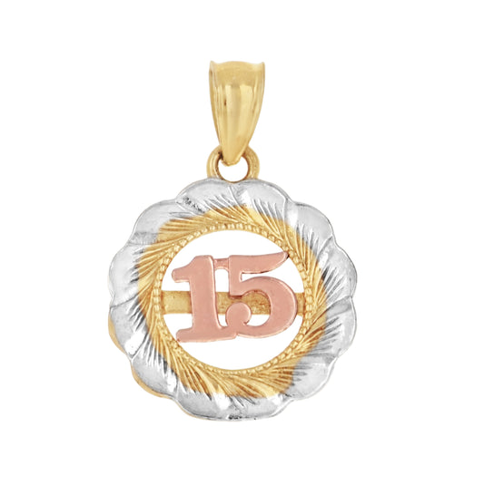 10K Gold Tri-Color Diamond-Cut Womens 15 Anos Quinceanera Charm Pendant