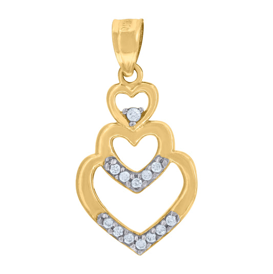10K Gold Two-Tone Cubic-Zirconia Womens Triple Heart Charm Pendant
