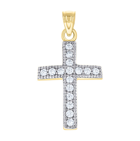 10K Two-Tone Gold Mens Women Cubic Zirconia Cubic-Zirconia Cross Religious Charm Pendant