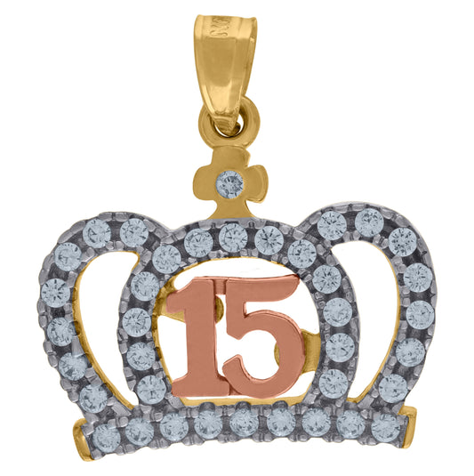 10K Gold Tri-Color Diamond-Cut Womens 15 Anos Quinceanera Charm Pendant