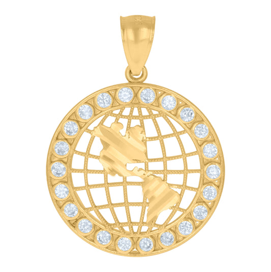 10K Gold Two-Tone Cubic-Zirconia Diamond-Cut Mens Earth Map Globe Charm Pendant