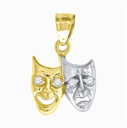 10K Two-Tone Gold Unisex Cubic Zirconia Cubic-Zirconia Comedy Tragedy Charm Pendant