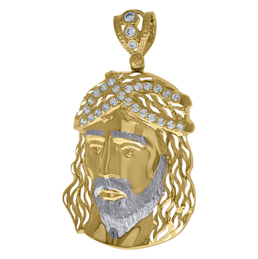 10K Two-Tone Gold Mens Cubic Zirconia Jesus Religious Charm Pendant