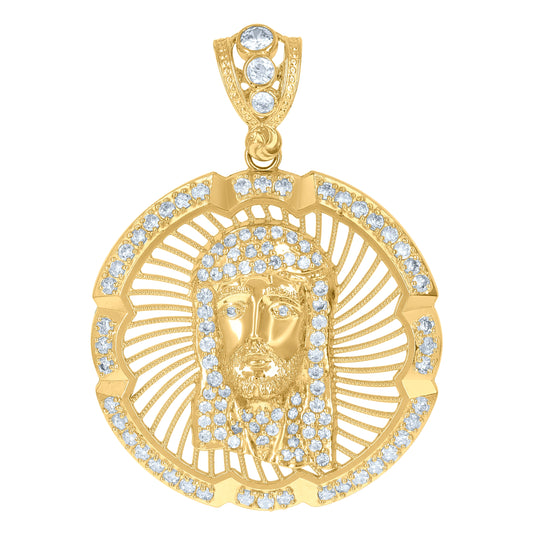10K Yellow Gold Mens Cubic-Zirconia Medallion Jesus Religious Charm Pendant