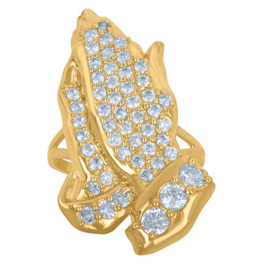 10K Yellow Gold Mens Cubic Zirconia Praying Hands Religious Ring