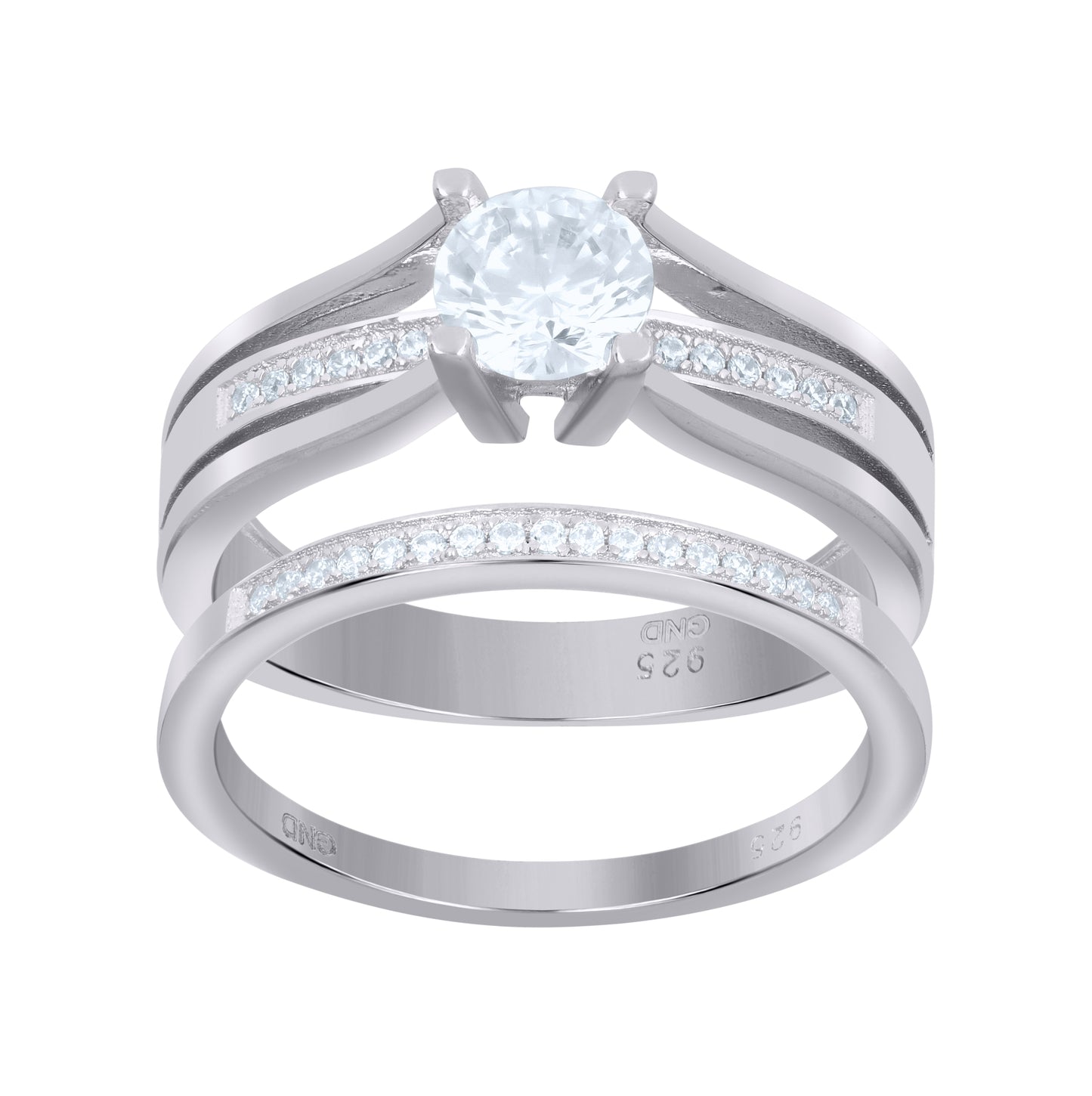 Sterling Silver Women's Cubic-Zirconia Duo Bridal Anniversary Wedding Engagement Band Ring Set