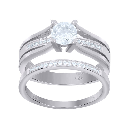 Sterling Silver Women's Cubic-Zirconia Duo Bridal Anniversary Wedding Engagement Band Ring Set