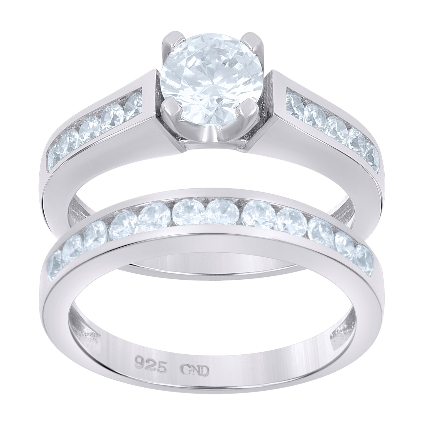 Sterling Silver Women's Cubic-Zirconia Duo Bridal Anniversary Wedding Engagement Band Ring Set
