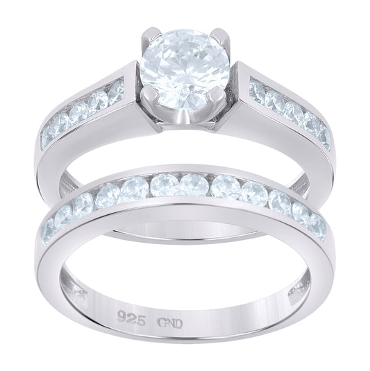 Sterling Silver Women's Cubic-Zirconia Duo Bridal Anniversary Wedding Engagement Band Ring Set