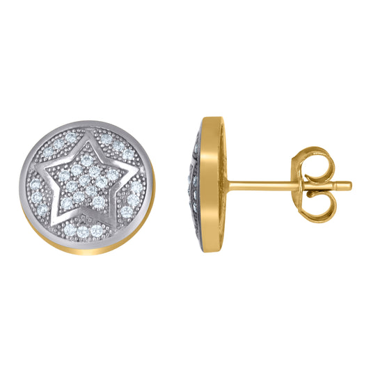10K Gold Two-Tone Cubic-Zirconia Mens Round Star Push Back Studs