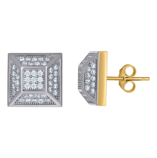 10K Gold Two-Tone Cubic-Zirconia Mens Square Push Back Studs