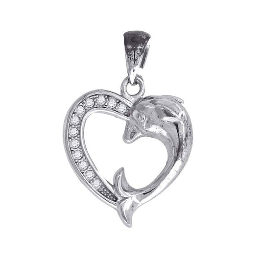 Sterling Silver Womens Cubic-Zirconia Dolphin Heart Charm Pendant
