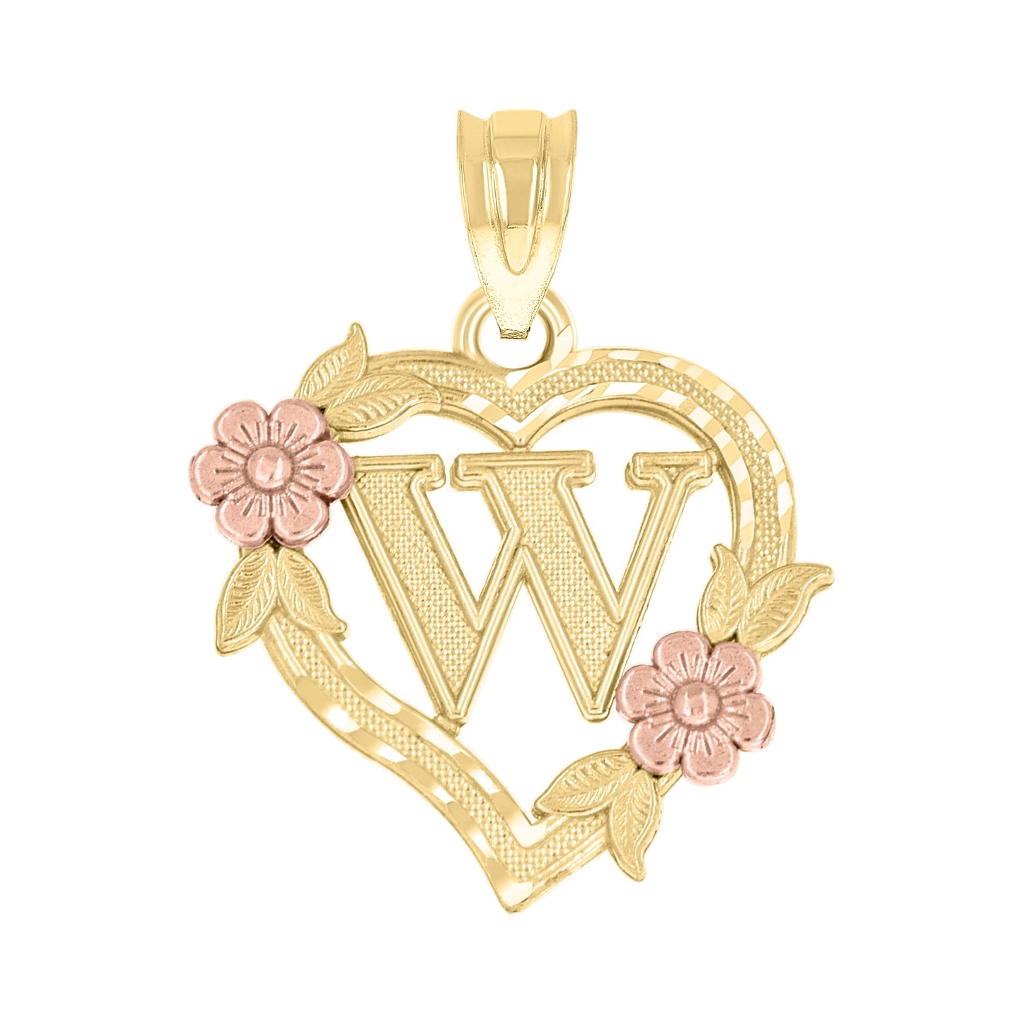 10K Two-Tone Gold Womens Heart Flower Initial Letter Charm Pendant