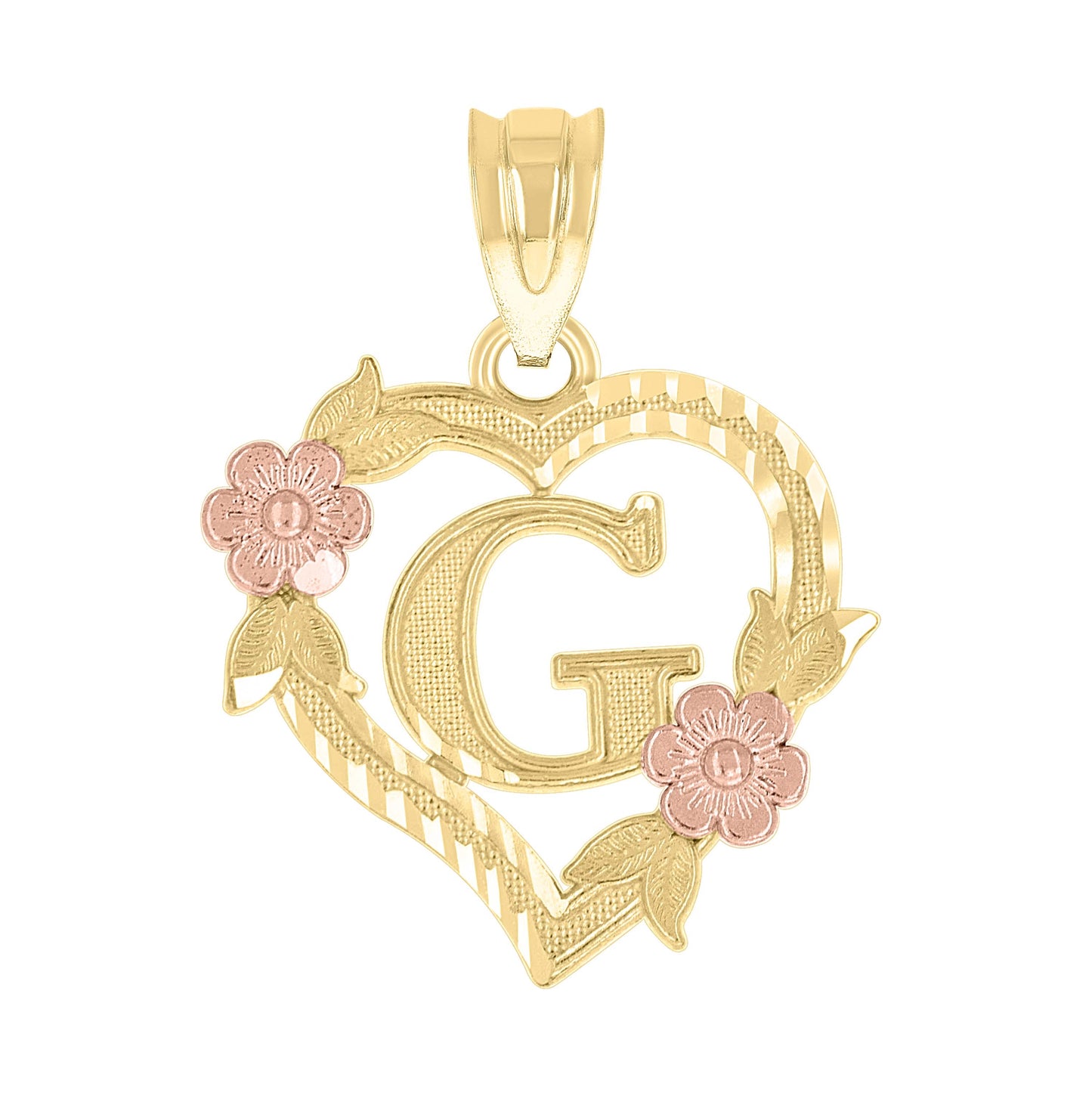 10K Two-Tone Gold Womens Heart Flower Initial Letter Charm Pendant