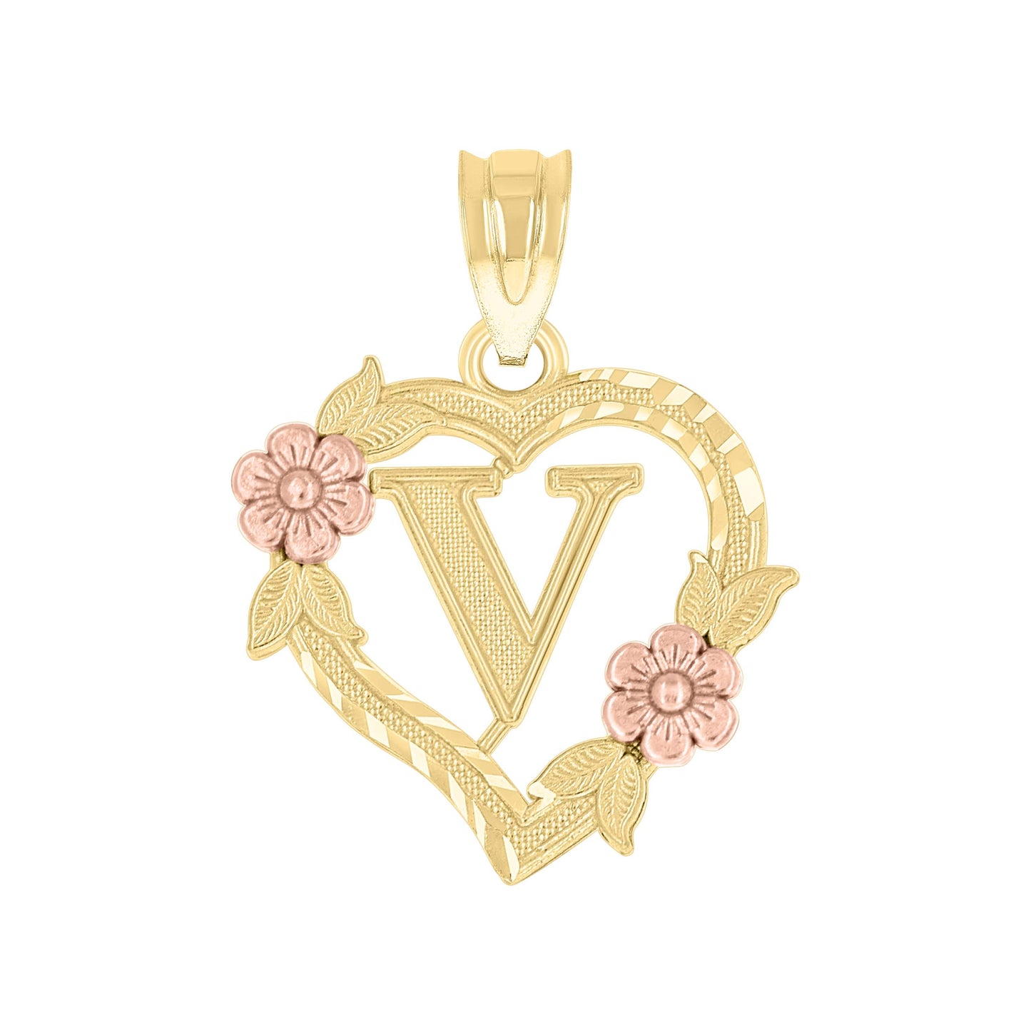 10K Two-Tone Gold Womens Heart Flower Initial Letter Charm Pendant