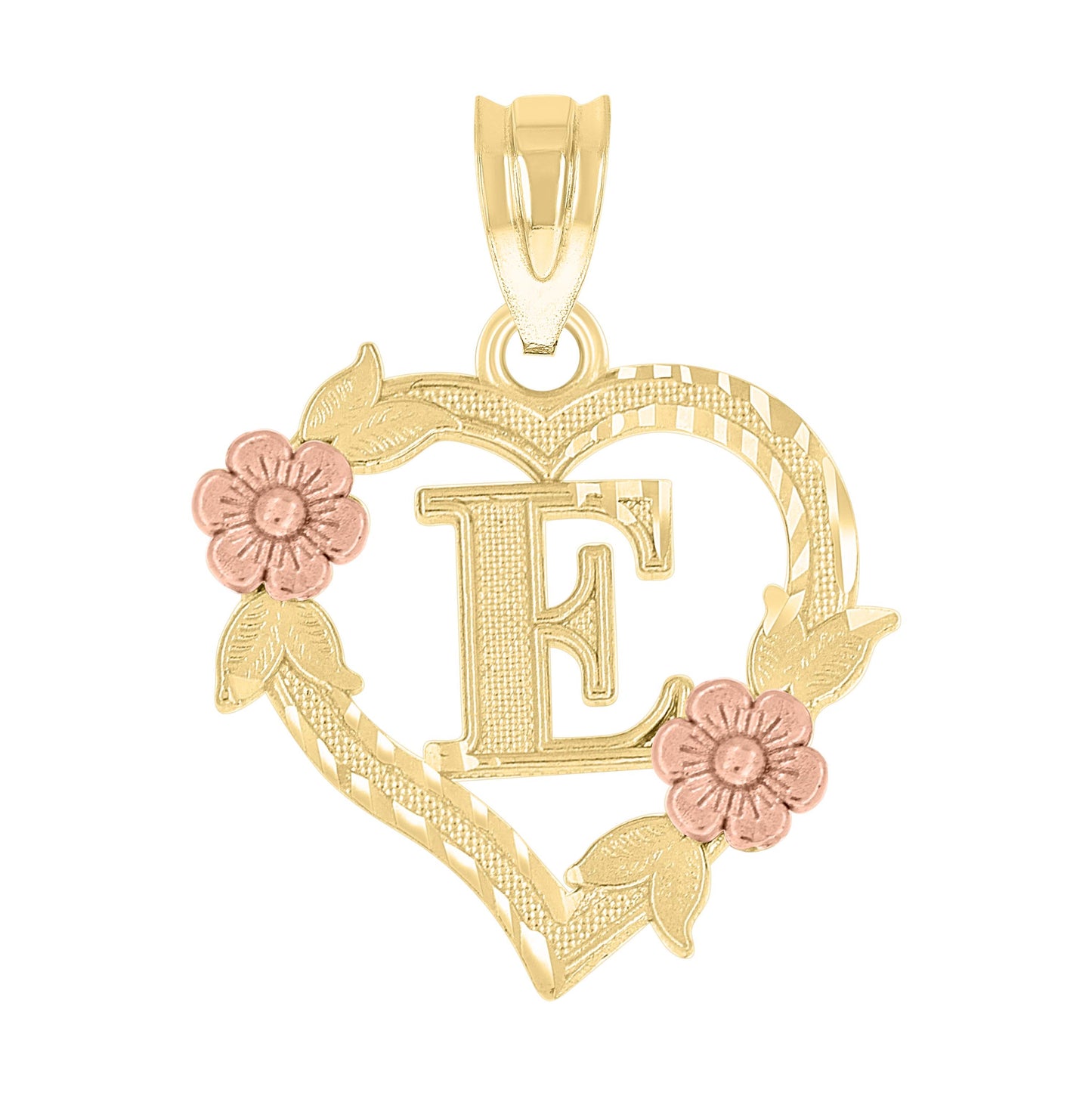 10K Two-Tone Gold Womens Heart Flower Initial Letter Charm Pendant