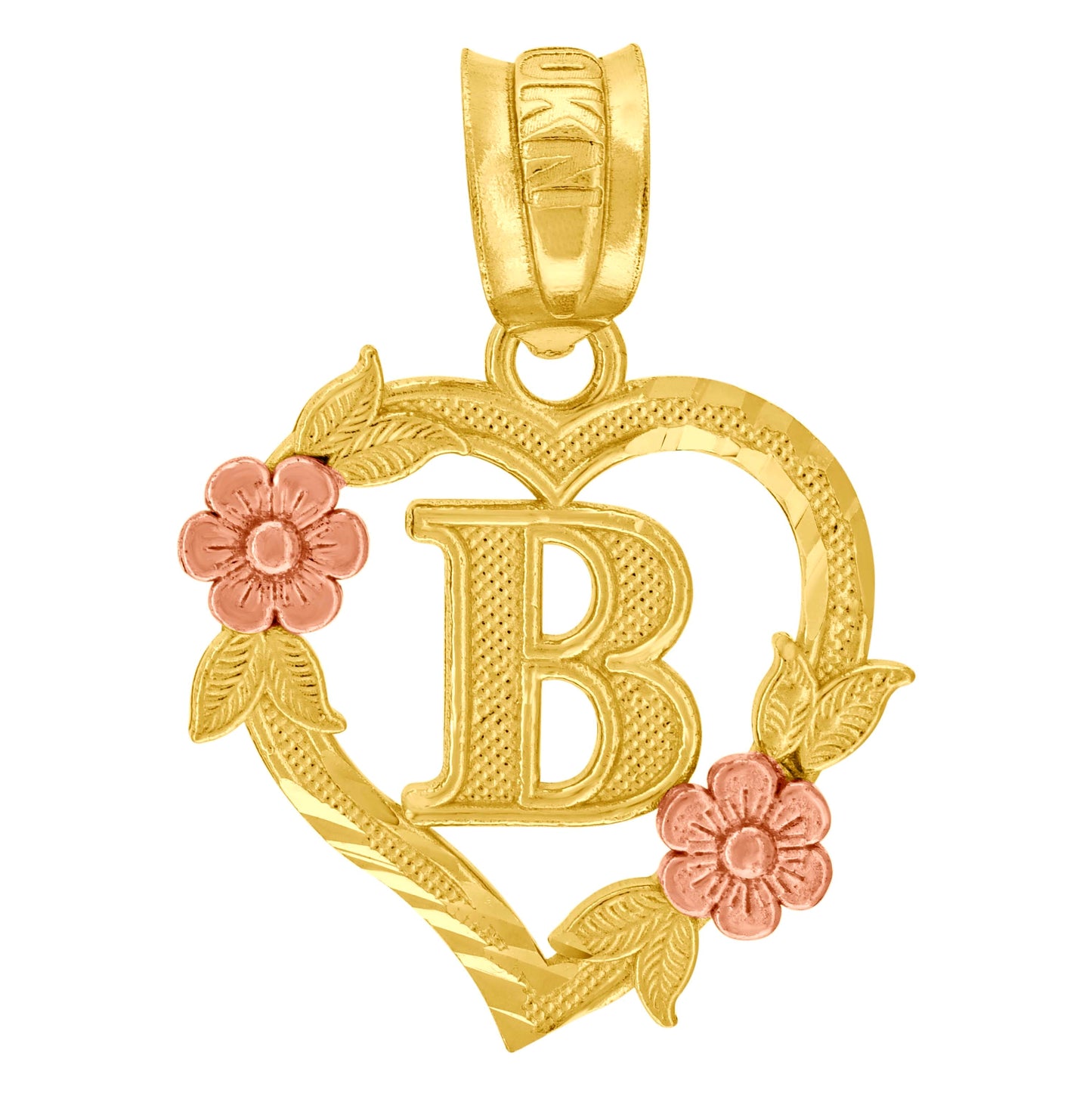 10K Two-Tone Gold Womens Heart Flower Initial Letter Charm Pendant