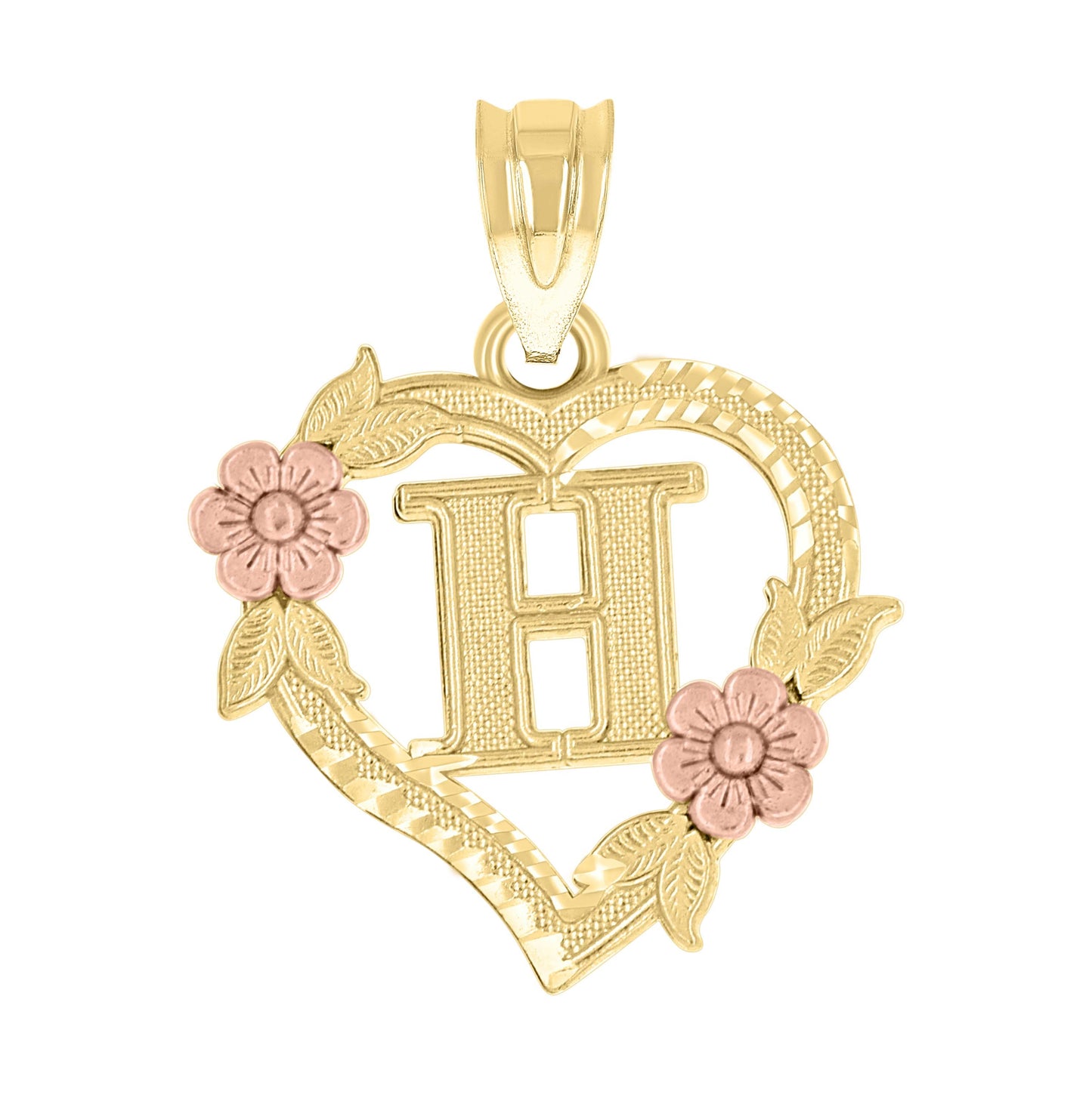 10K Two-Tone Gold Womens Heart Flower Initial Letter Charm Pendant