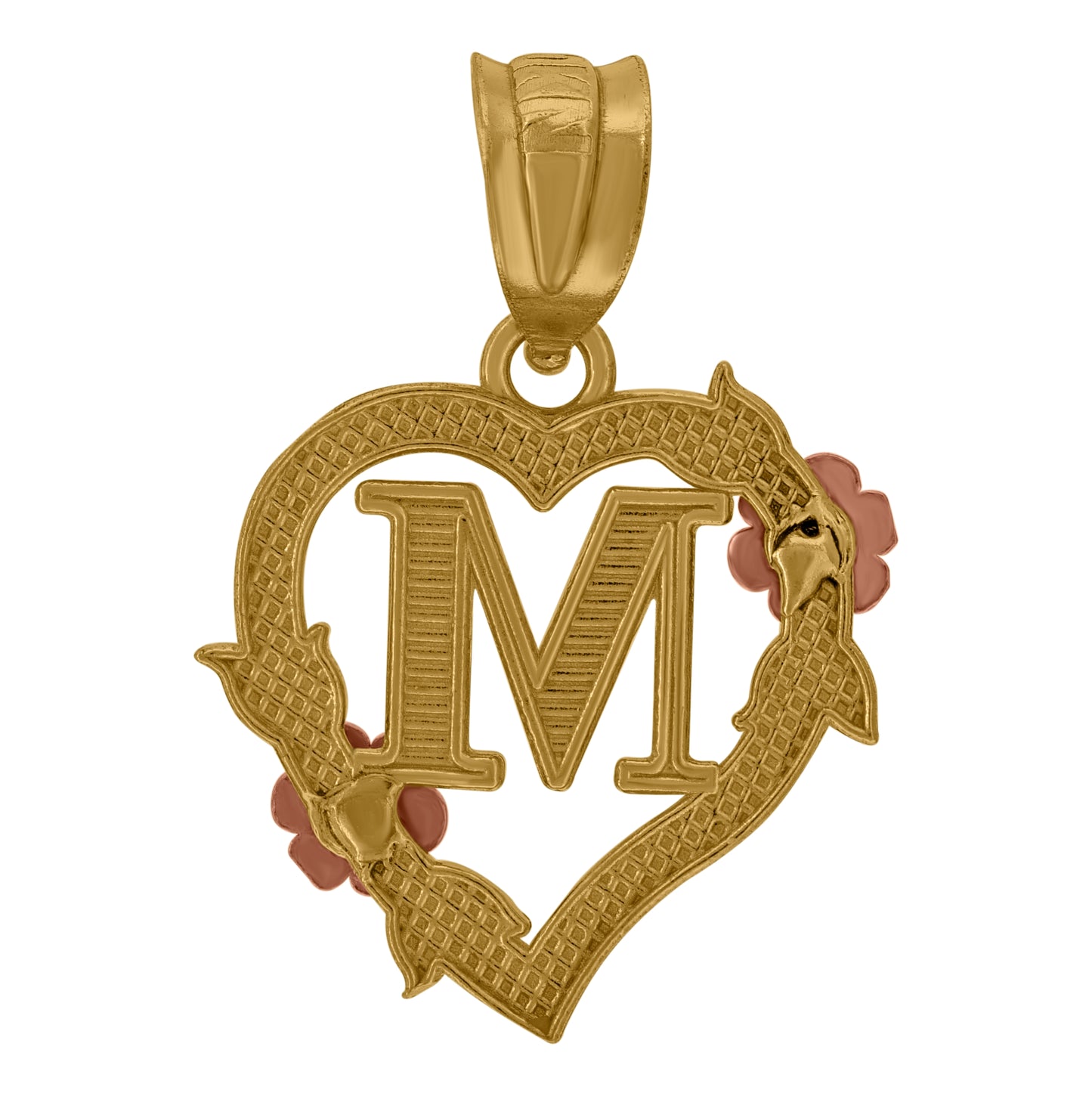 10K Two-Tone Gold Womens Heart Flower Initial Letter Charm Pendant
