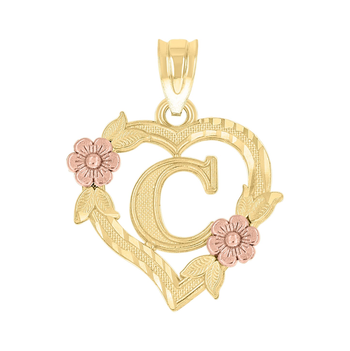 10K Two-Tone Gold Womens Heart Flower Initial Letter Charm Pendant