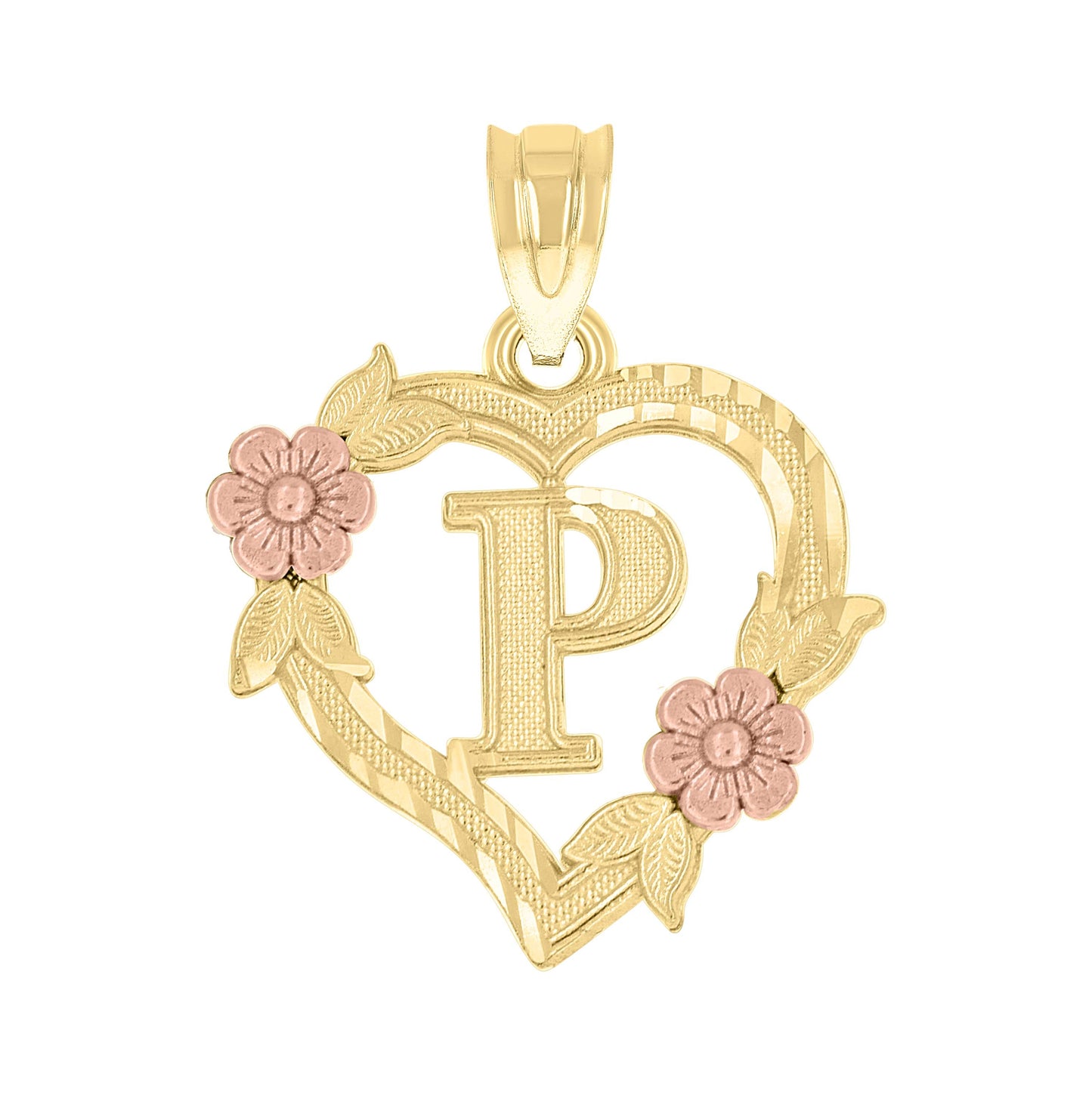 10K Two-Tone Gold Womens Heart Flower Initial Letter Charm Pendant