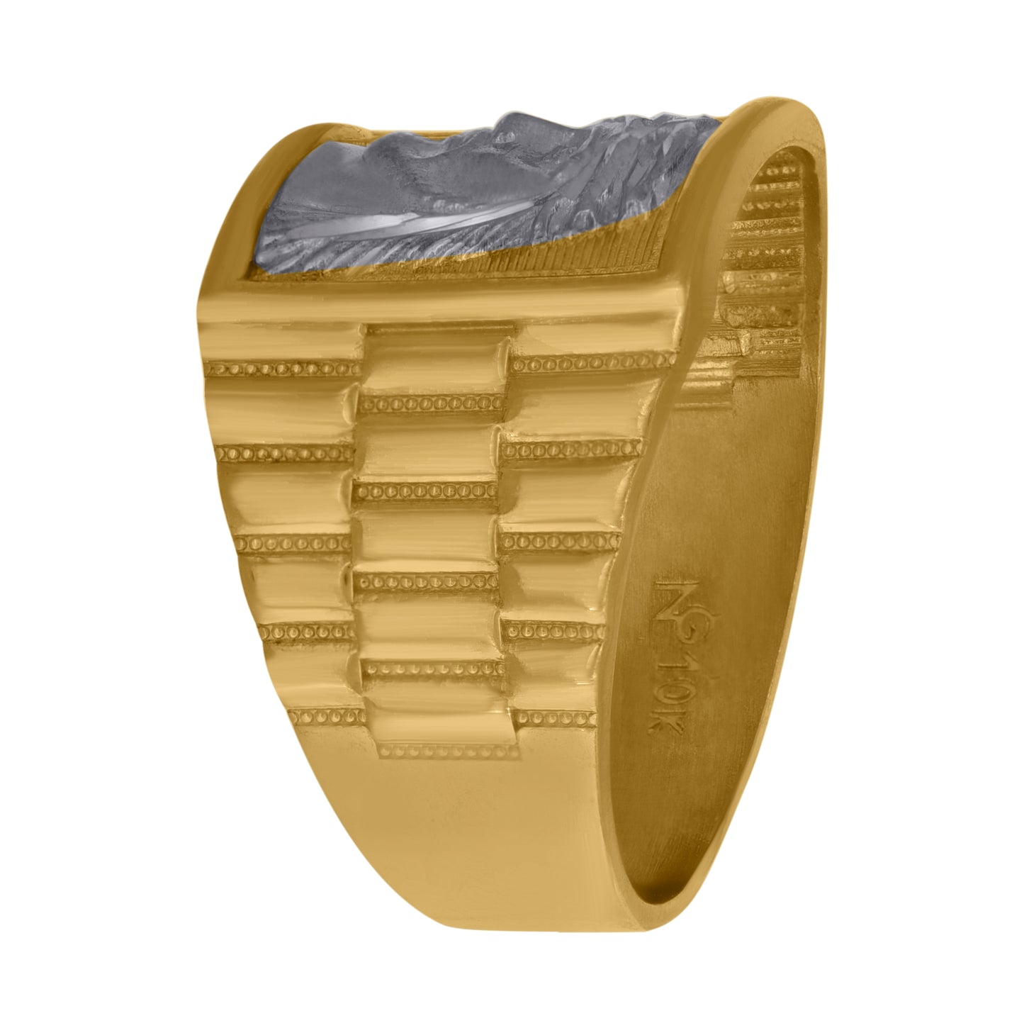 10K Two-Tone Gold Mens Textured Jesus Face Religious Ring