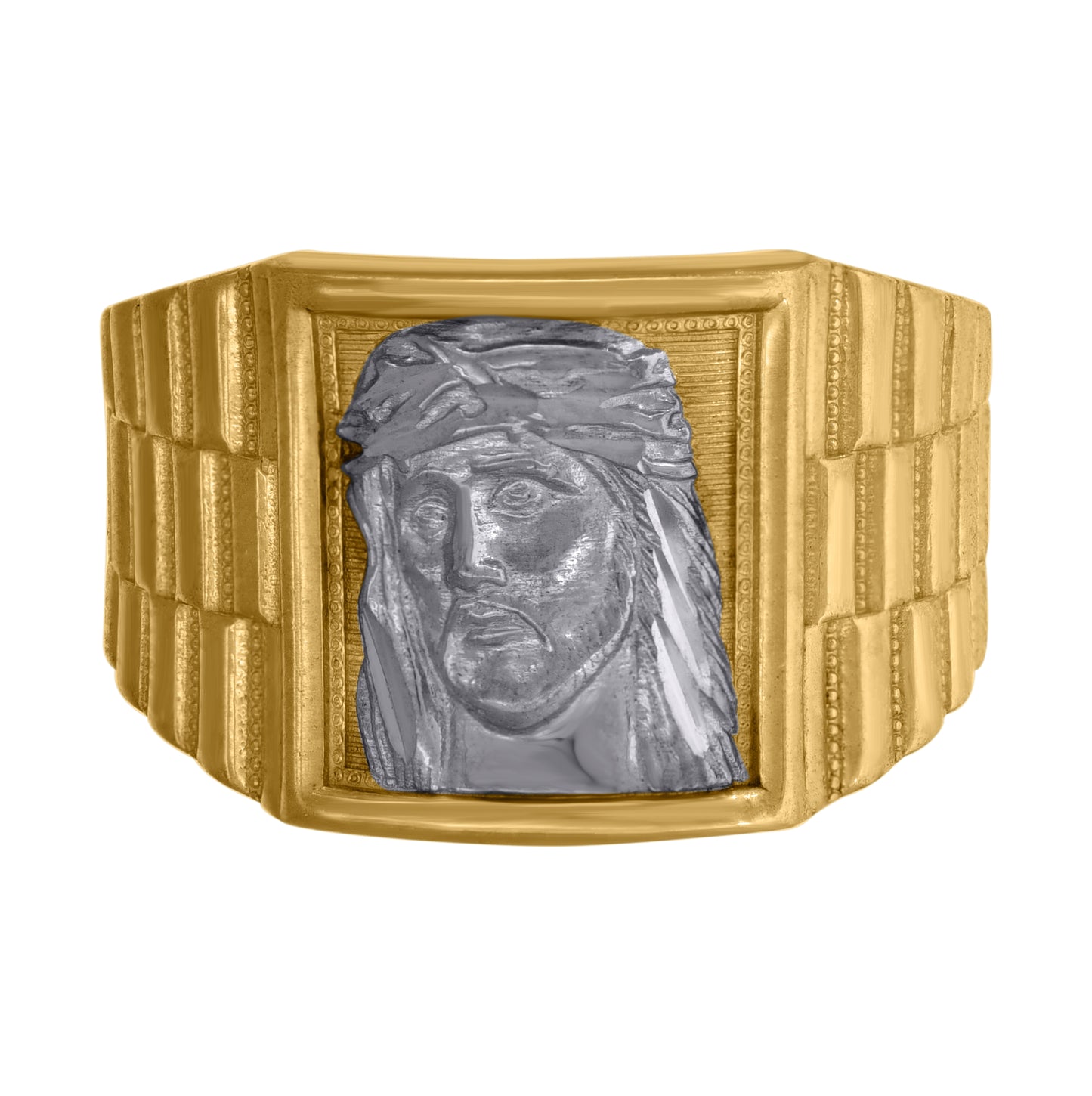 10K Two-Tone Gold Mens Textured Jesus Face Religious Ring