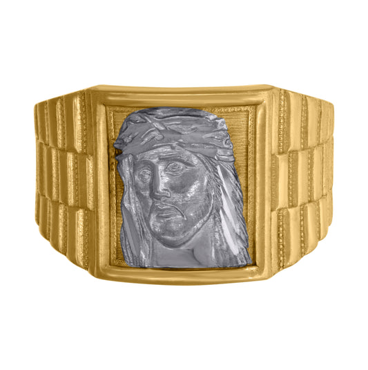 10K Two-Tone Gold Mens Textured Jesus Face Religious Ring