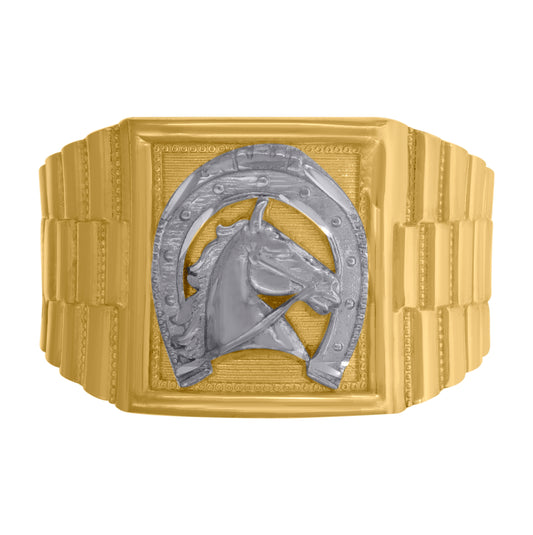 10K Two-Tone Gold Mens Textured Horseshoe Ring