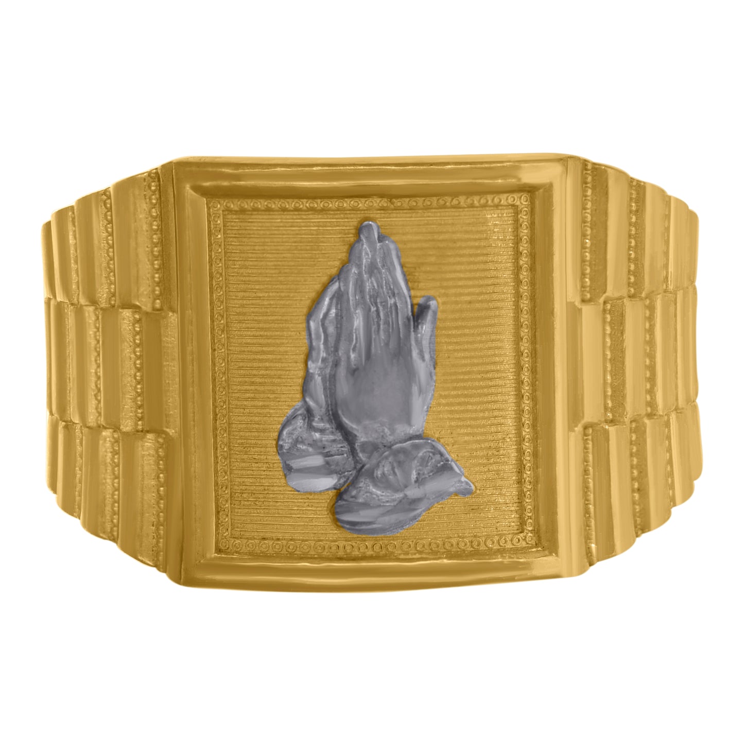 10K Two-Tone Gold Mens Textured Praying Hands Religious Ring
