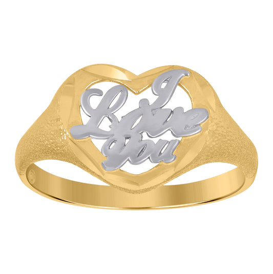 10K Gold Womens Two-Tone Diamond Cut I Love You Heart Band Ring