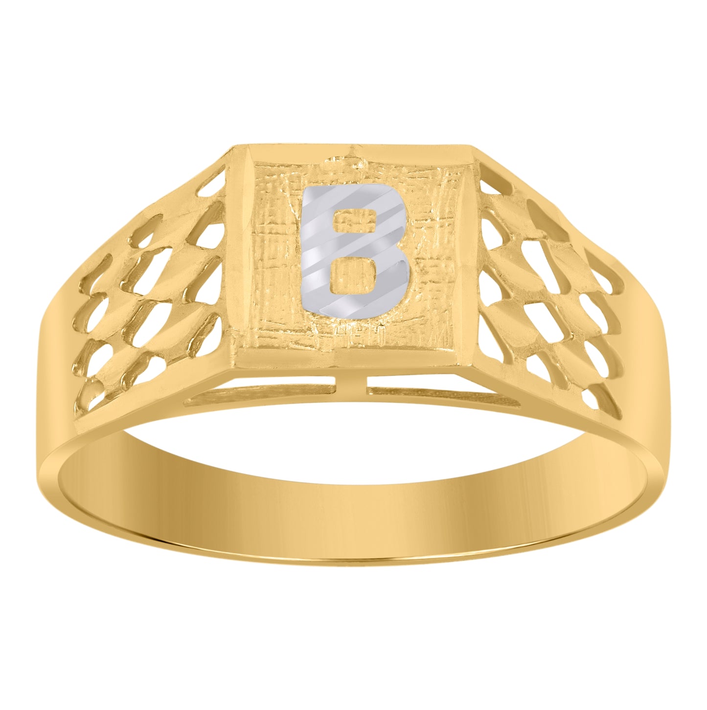 10K Two-Tone Gold Mens Diamond-Cut Textured Initial Letter Band Ring