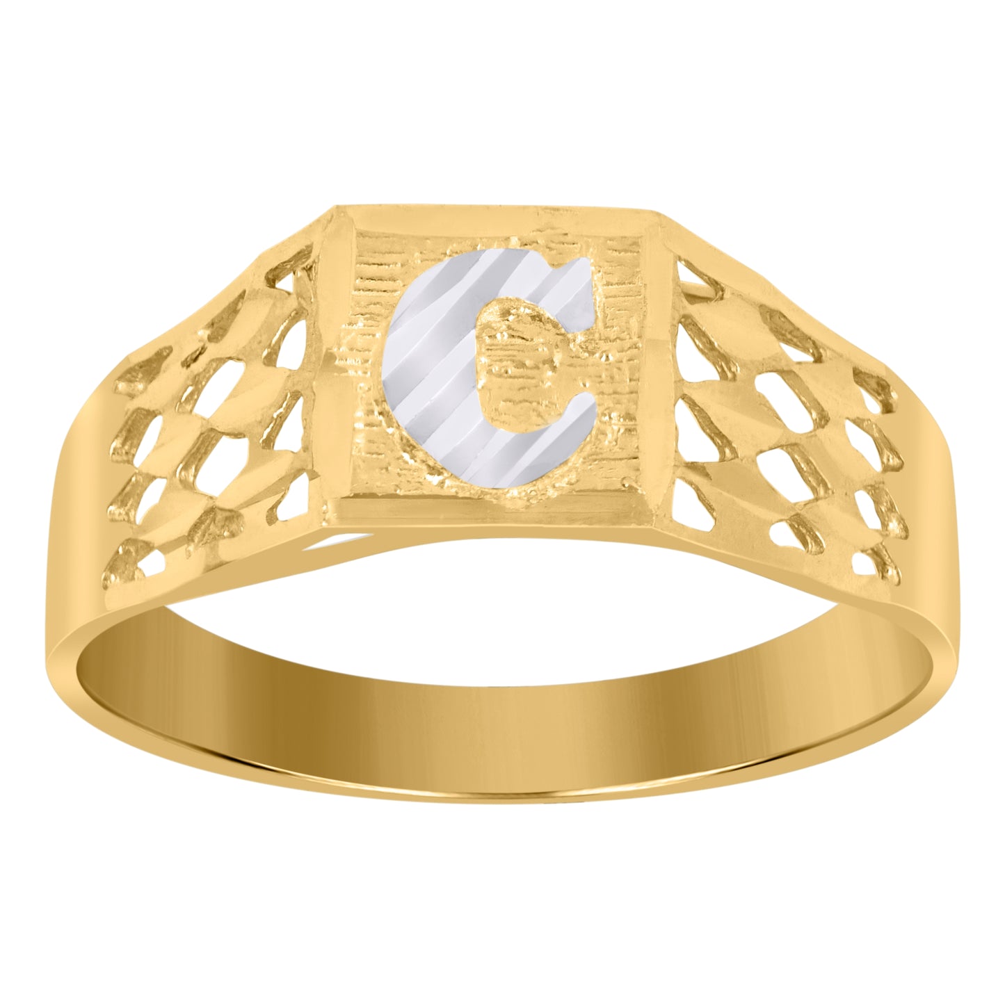 10K Two-Tone Gold Mens Diamond-Cut Textured Initial Letter Band Ring