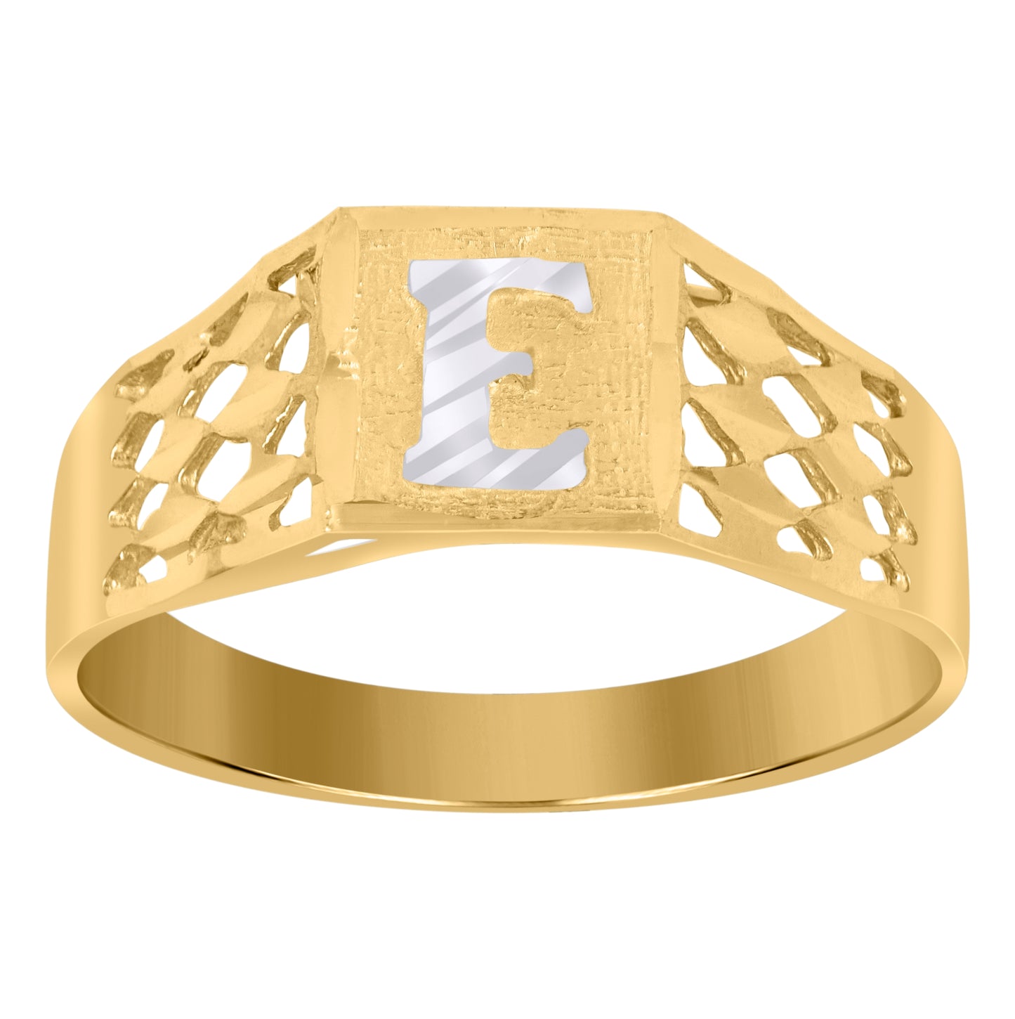 10K Two-Tone Gold Mens Diamond-Cut Textured Initial Letter Band Ring