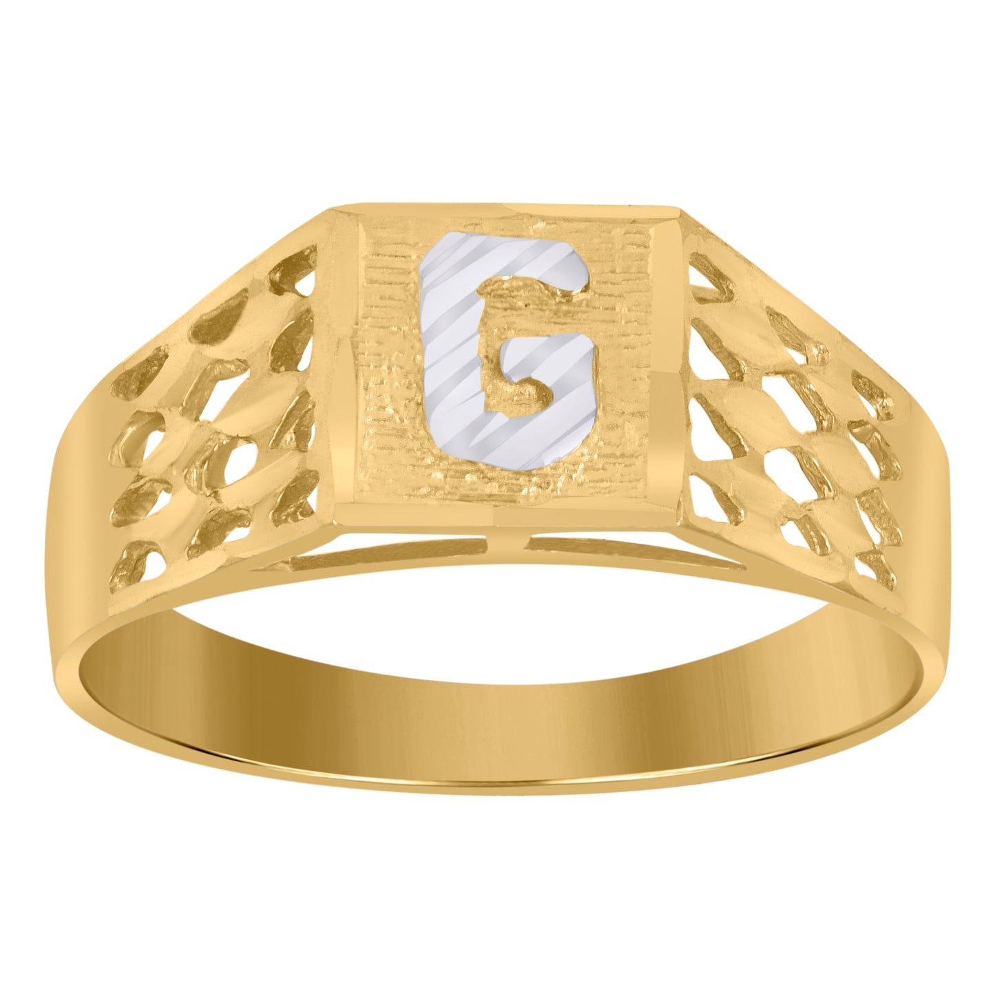 10K Two-Tone Gold Mens Diamond-Cut Textured Initial Letter Band Ring