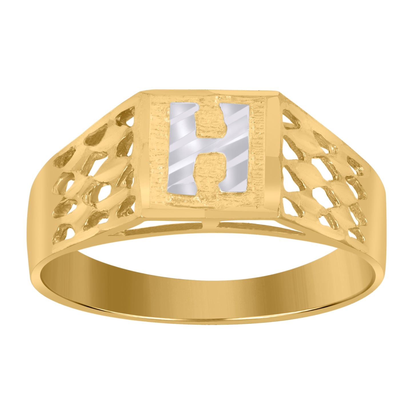 10K Two-Tone Gold Mens Diamond-Cut Textured Initial Letter Band Ring