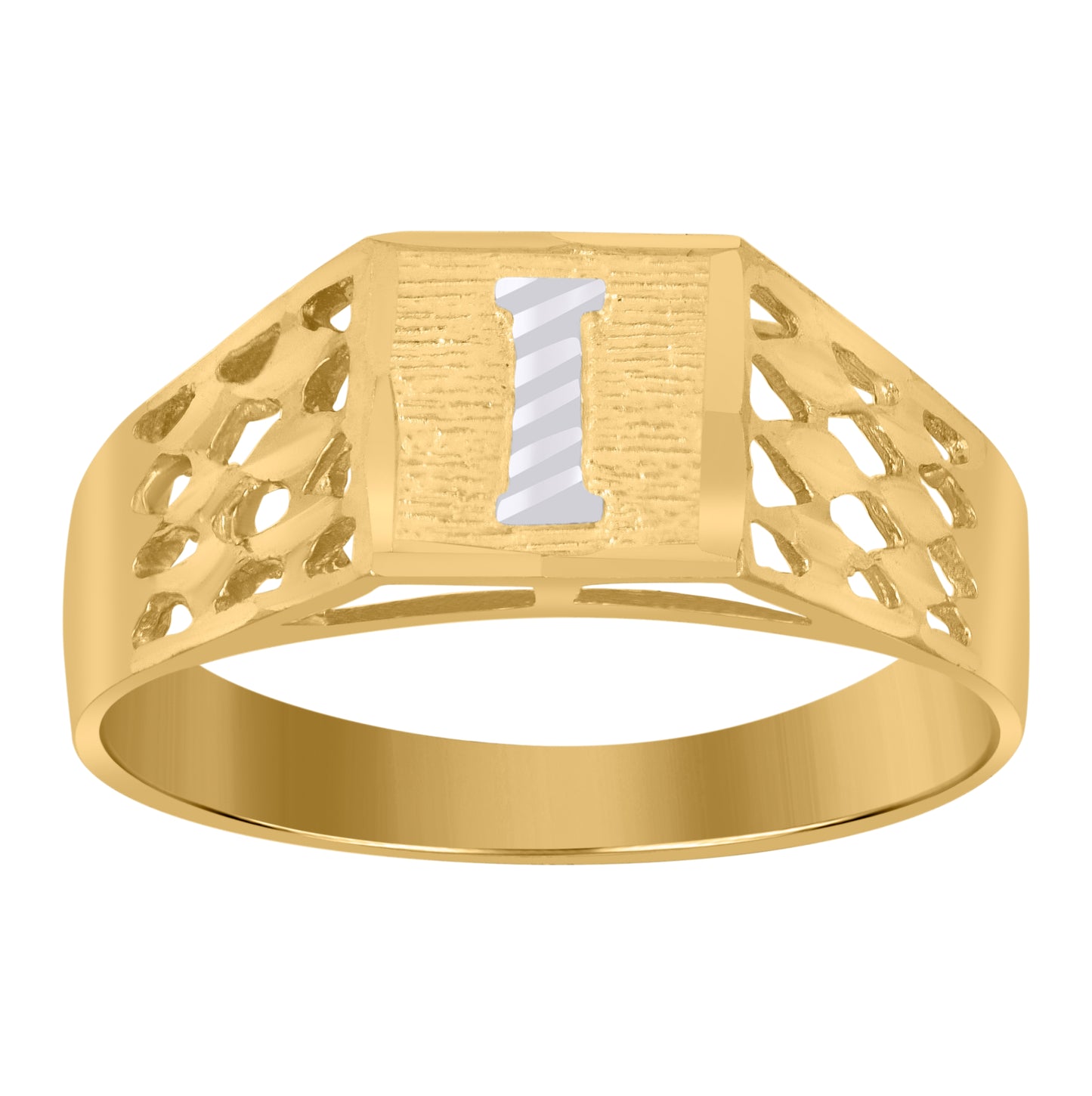 10K Two-Tone Gold Mens Diamond-Cut Textured Initial Letter Band Ring