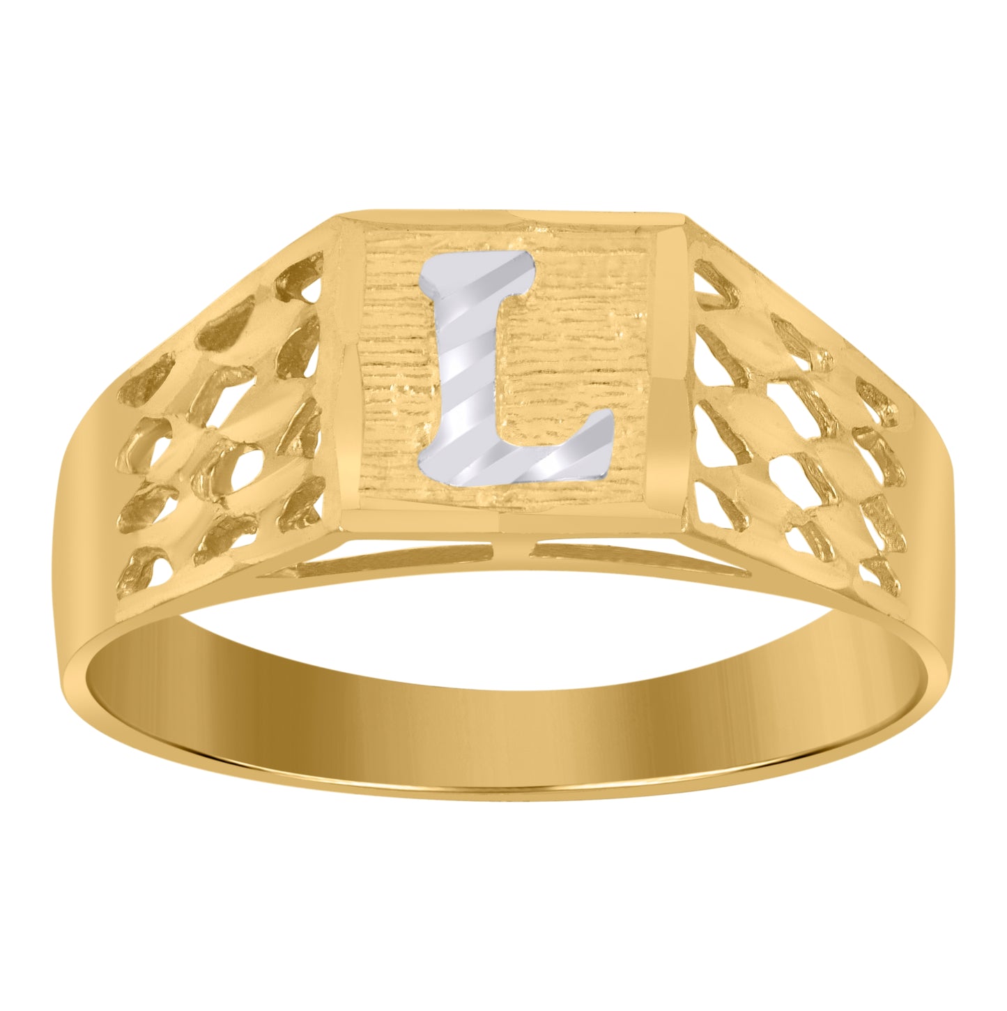 10K Two-Tone Gold Mens Diamond-Cut Textured Initial Letter Band Ring