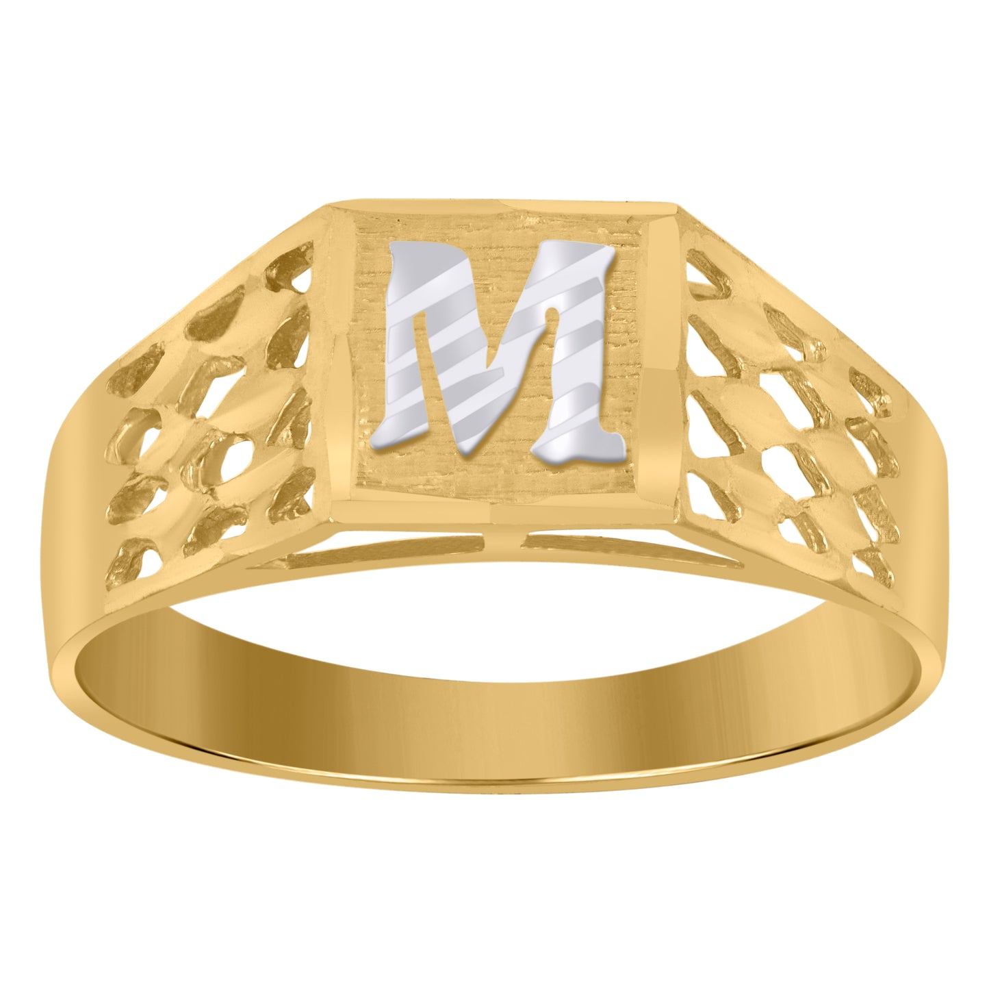 10K Two-Tone Gold Mens Diamond-Cut Textured Initial Letter Band Ring