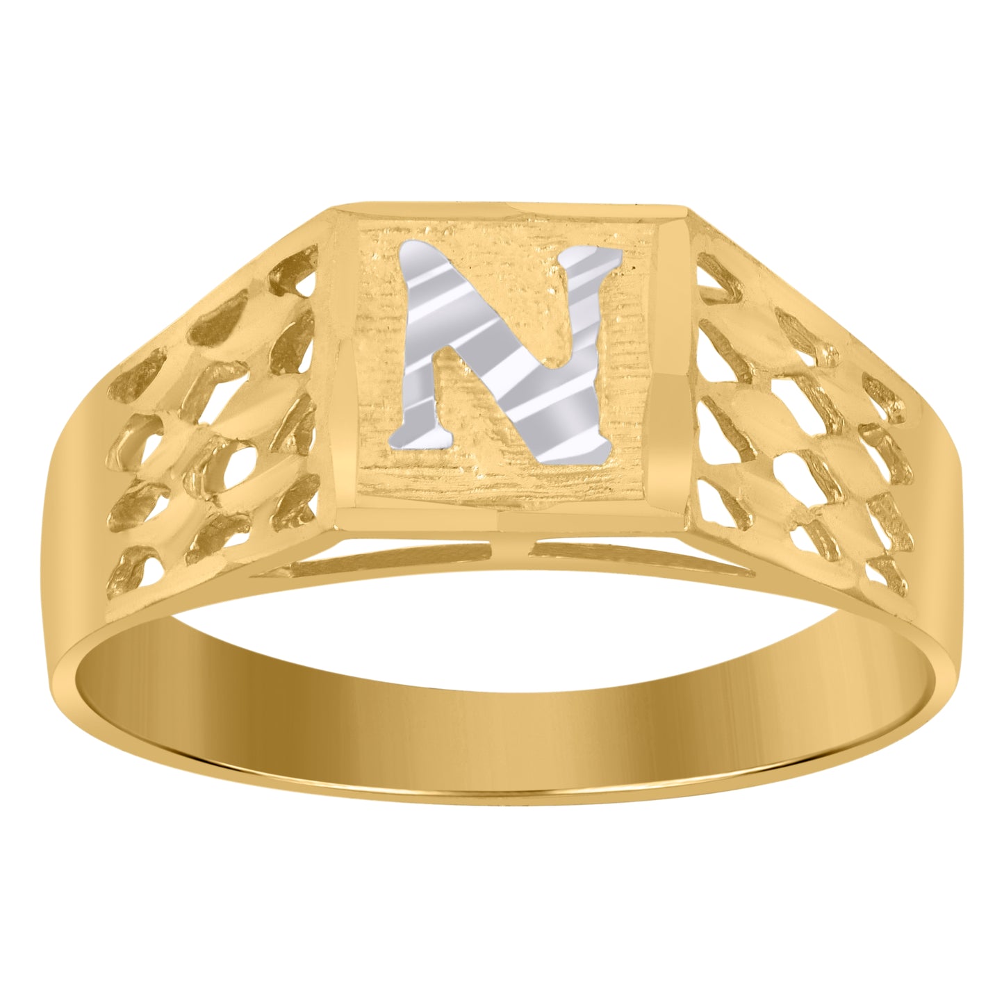 10K Two-Tone Gold Mens Diamond-Cut Textured Initial Letter Band Ring
