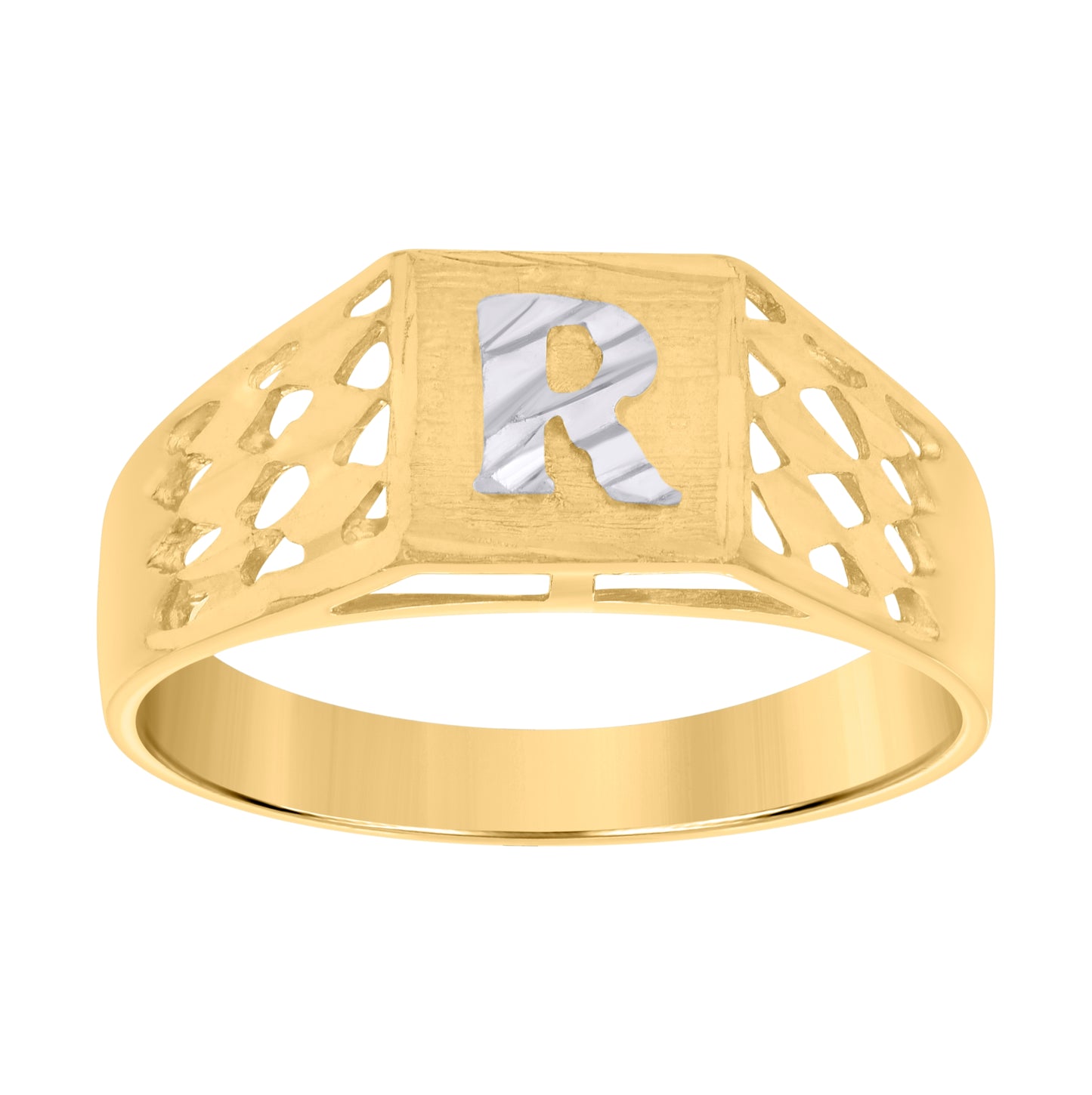 10K Two-Tone Gold Mens Diamond-Cut Textured Initial Letter Band Ring