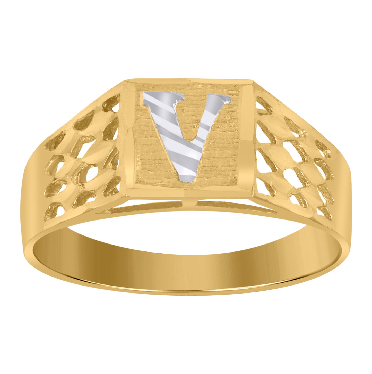 10K Two-Tone Gold Mens Diamond-Cut Textured Initial Letter Band Ring