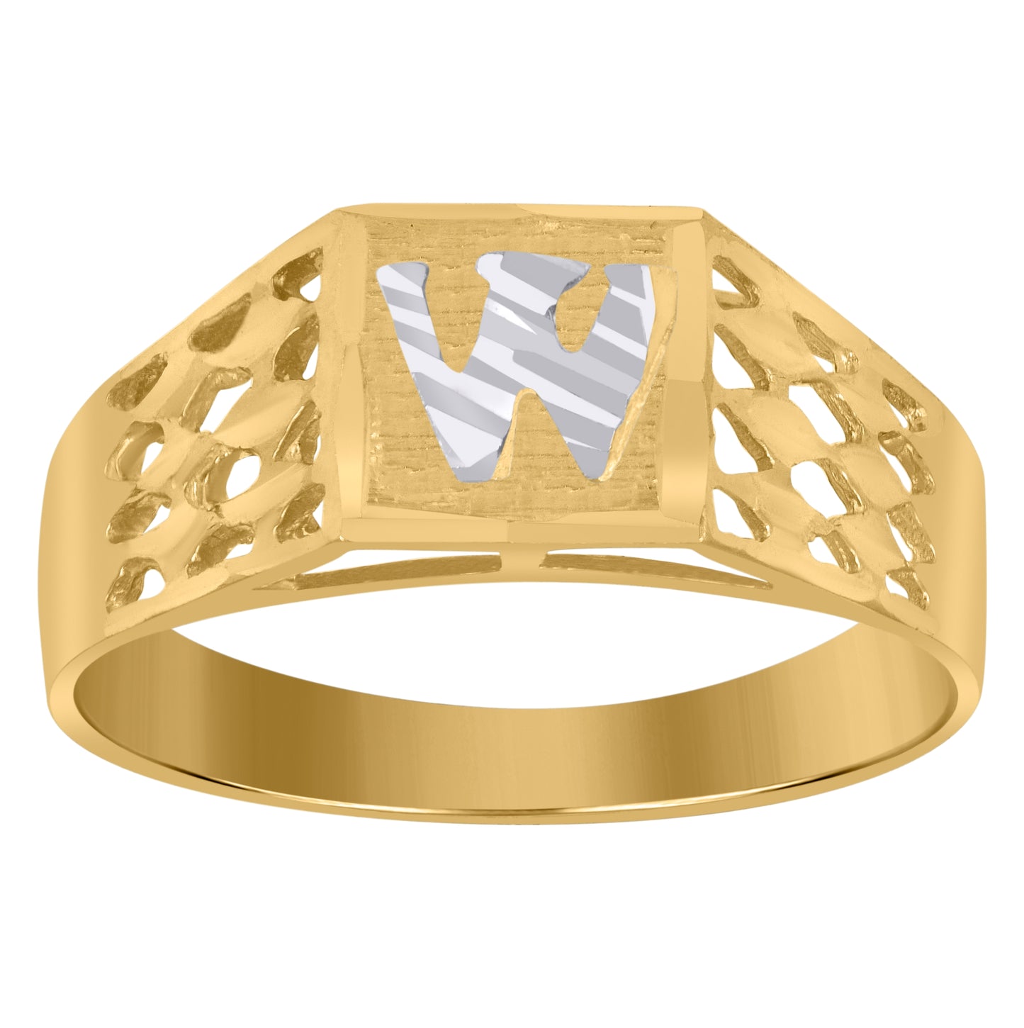 10K Two-Tone Gold Mens Diamond-Cut Textured Initial Letter Band Ring