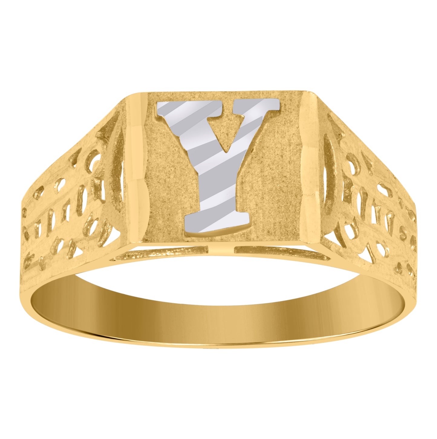 10K Two-Tone Gold Mens Diamond-Cut Textured Initial Letter Band Ring