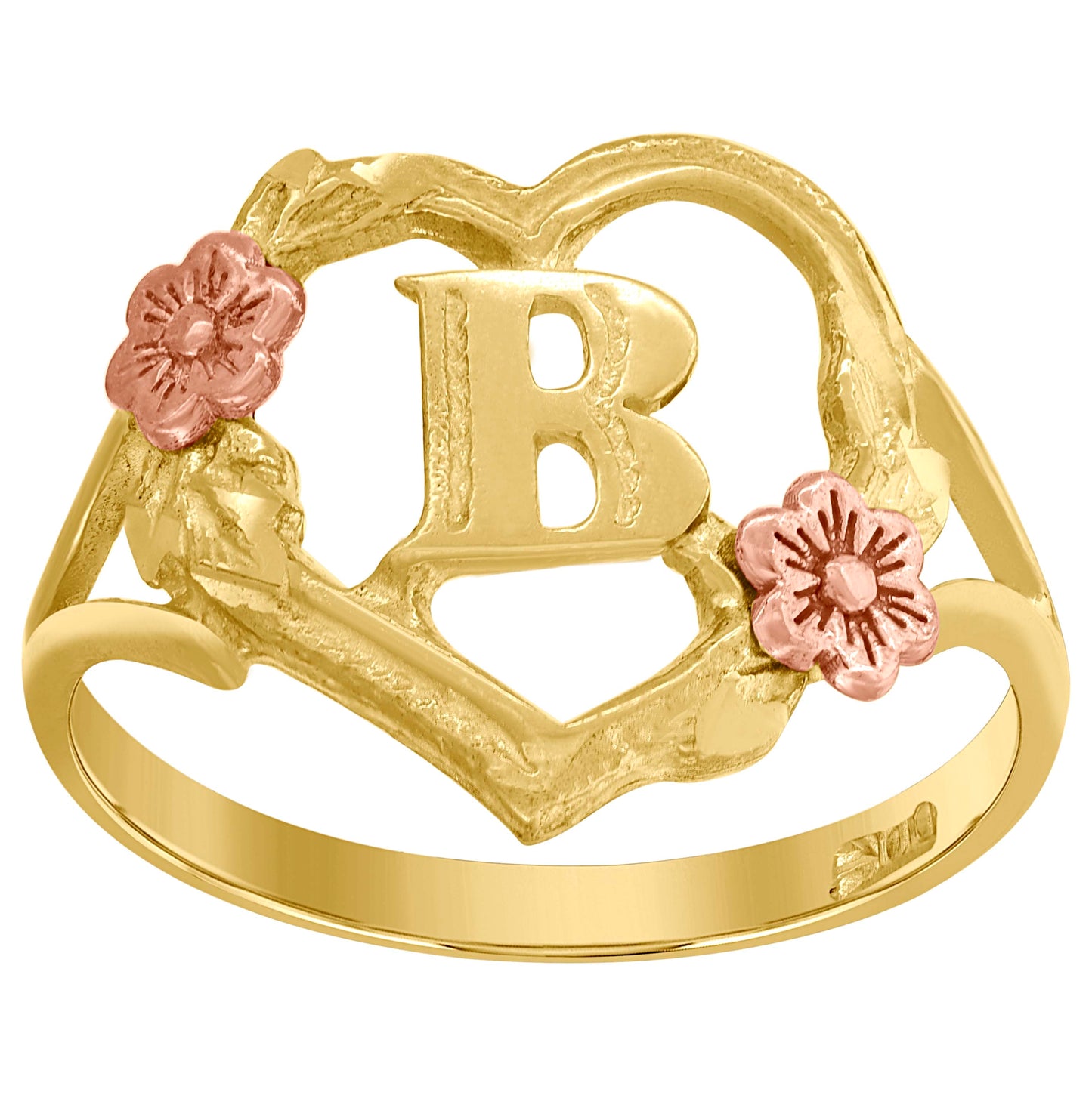 10K Two-Tone Gold Womens Diamond Cut Textured Initial Letter Heart Bridal Anniversary Engagement Wedding Band Ring