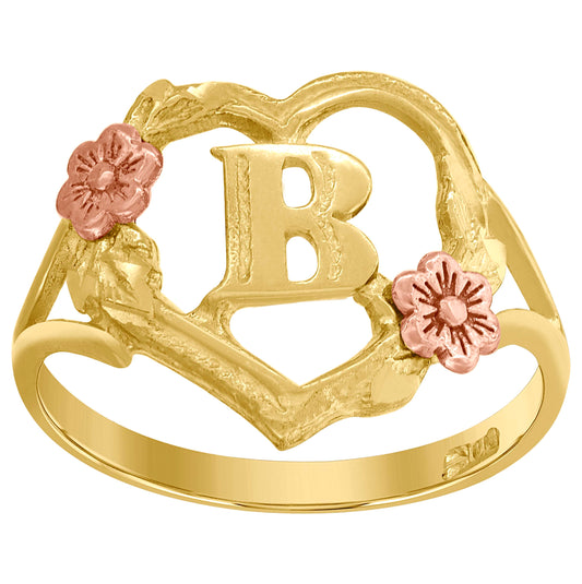 10K Two-Tone Gold Womens Diamond Cut Textured Initial Letter Heart Bridal Anniversary Engagement Wedding Band Ring
