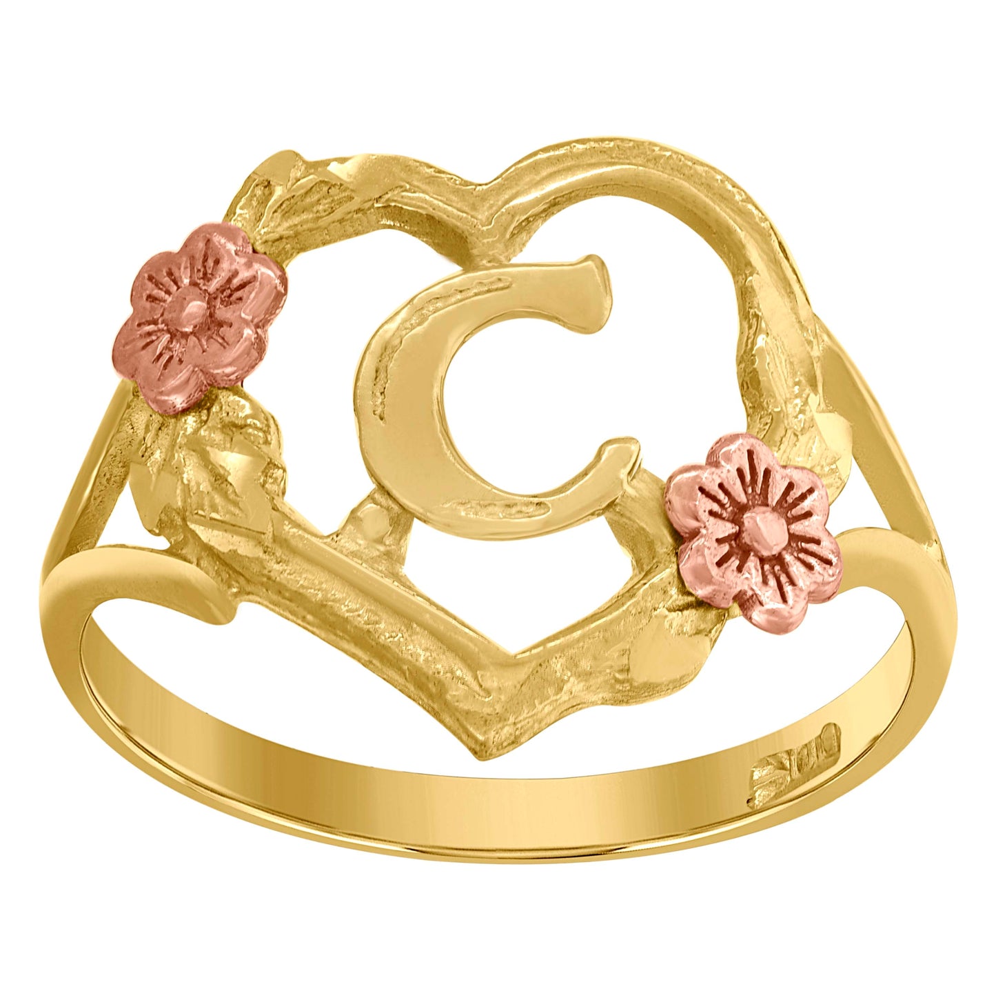 10K Two-Tone Gold Womens Diamond Cut Textured Initial Letter Heart Bridal Anniversary Engagement Wedding Band Ring