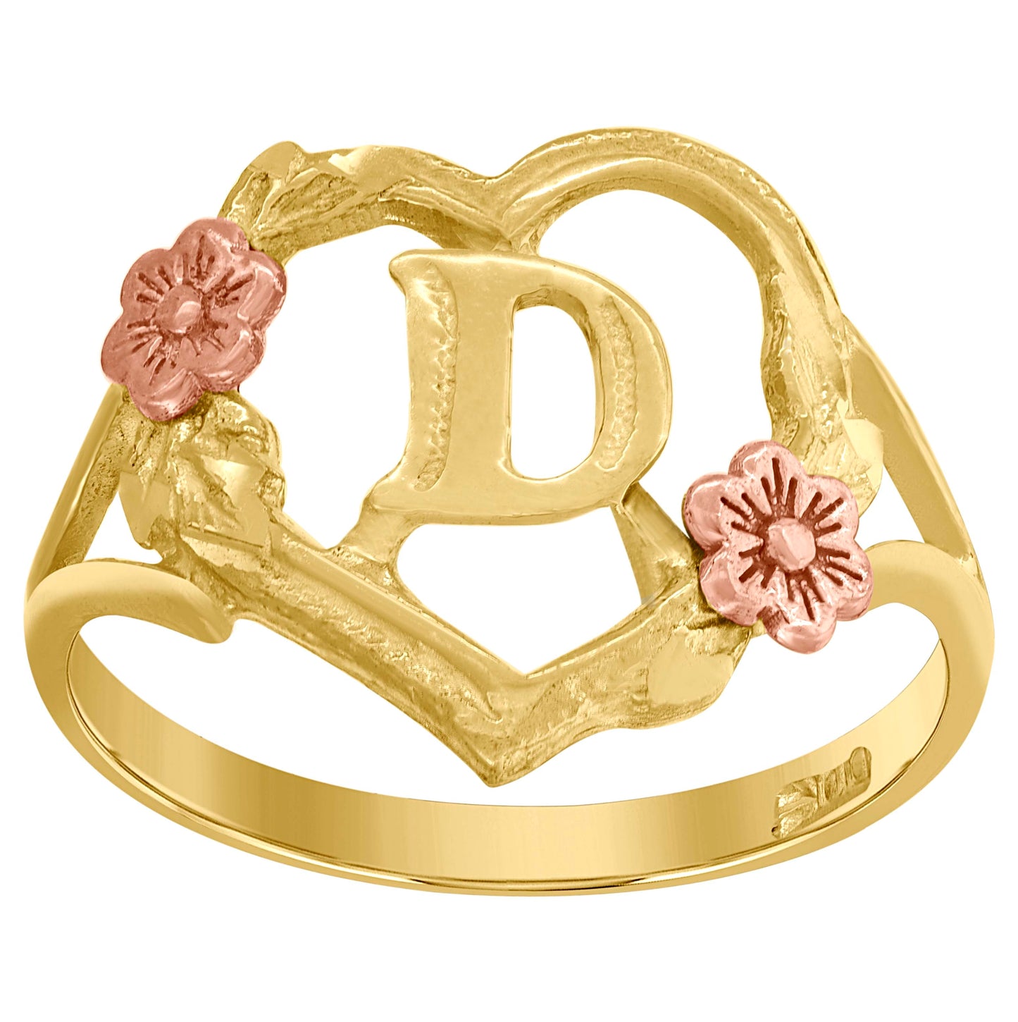 10K Two-Tone Gold Womens Diamond Cut Textured Initial Letter Heart Bridal Anniversary Engagement Wedding Band Ring