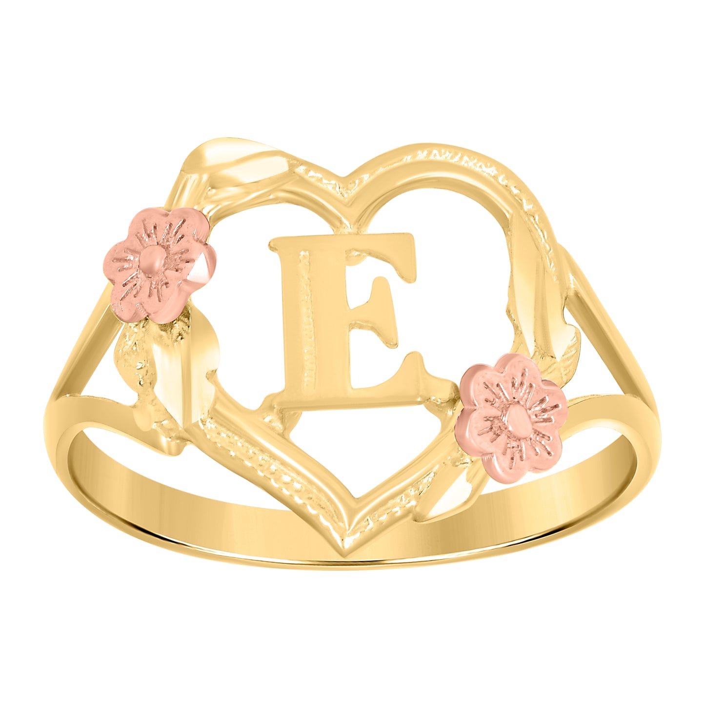 10K Two-Tone Gold Womens Diamond Cut Textured Initial Letter Heart Bridal Anniversary Engagement Wedding Band Ring
